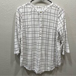 Liz Claiborne Women's White Plaid Blouse 3/4 Length Sleeve Crew Neck Size XS